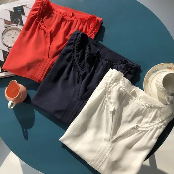 

Silk Lace Collar Women Blouse Ladies Office Work Three Quarter Sleeve White Shirts And Tops Female