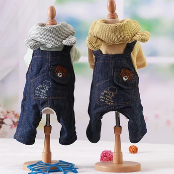 

New 2020 Autumn Winter Keep Warm Dog Jeans Clothes Casual Knit Hooded Clothes Dog's Denim Jumpsuit For Chihuahua Teddy