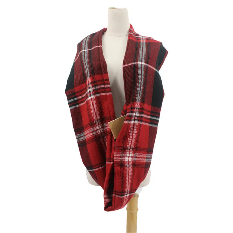 Клетчатый зимний шарф с карманом, вязаный, теплый, для путешествий, для женщин и мужчин, накидка с потайным карманом на молнии, бесконечность