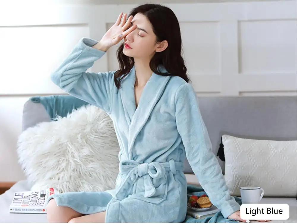 Light Blue Зимний фланелевый банный халат женский ночной халат одежда для сна Домашняя одежда Толстая теплая Коралловая бархатная женская ночная рубашка Костюм Пижама - Цвет: Light Blue