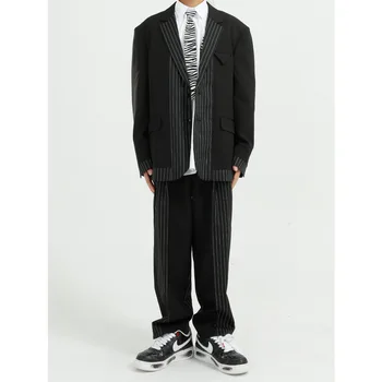 

Men 2 Pieces Suits Sets Jacket+pant Stripe Splice Streetwear Hip Hop Vintage Fashion Loose Casual Suit Blazers Jacket Outerwear