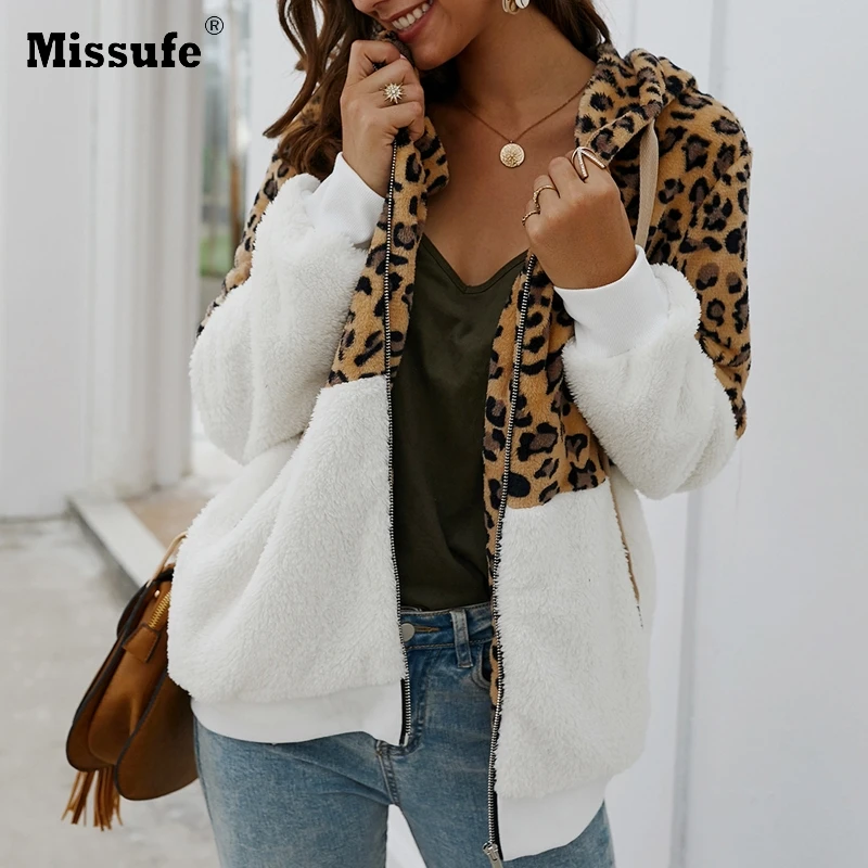 En Ligne Missufe femmes hiver veste manteau mode fausse fourrure veste en peluche léopard poche à glissière Outwear femme vestes décontractée automne 2019