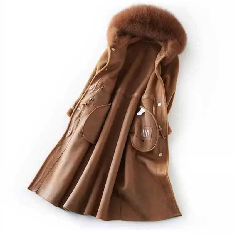 Женское зимнее пальто из натурального овечьего меха, длинное пальто из овечьей шерсти с воротником из натурального Лисьего меха с капюшоном, куртка из натуральной шерсти N109