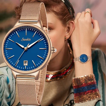 

Relogio Feminino SUNKTA New Women Fashion Elegant Blue Quartz Watches Lady Casual Waterproof Minimalist Watch Gift for Wife Gift