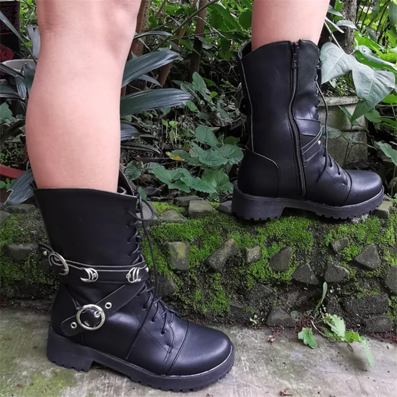 PXELENA Plus Size 34-43 Women Boots Mid Calf Low Heels Shoes Vintage Buckle Cross Strap Military Combat Biker Punk Bootie