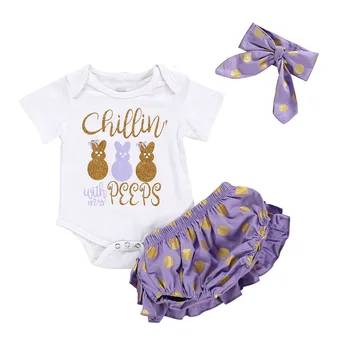 

2020 Summer New 3pcs Toddler Baby Girls Cute Bunnies Romper Ruffled Pants Headband Fashion Purple Suit baby girl clothes 0-24M