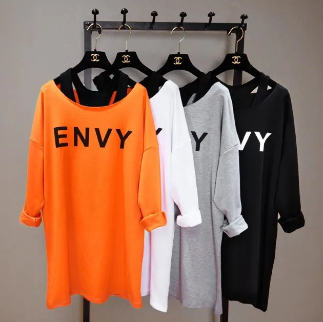 

New Two-piece Set T-shirt Korean Spring Fall Women Long Sleeve Tee Shirt Students Letters Loose Pullover Bat Shirt Casual Tops