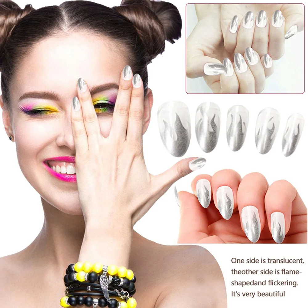 24PCS Nail Patches Stickers With Glue Full Cover Manicure Stencil Stickers Holographic Fire Flame Round Head Nail Art Decoration