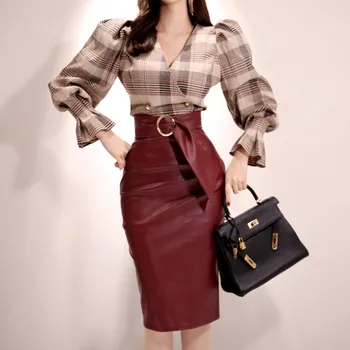 

Korea fashion 2 Pieces Suits Women Autumn Plaid Printed Suede Fashion Work Sheath Bodycon Pencil Skirt Office Set