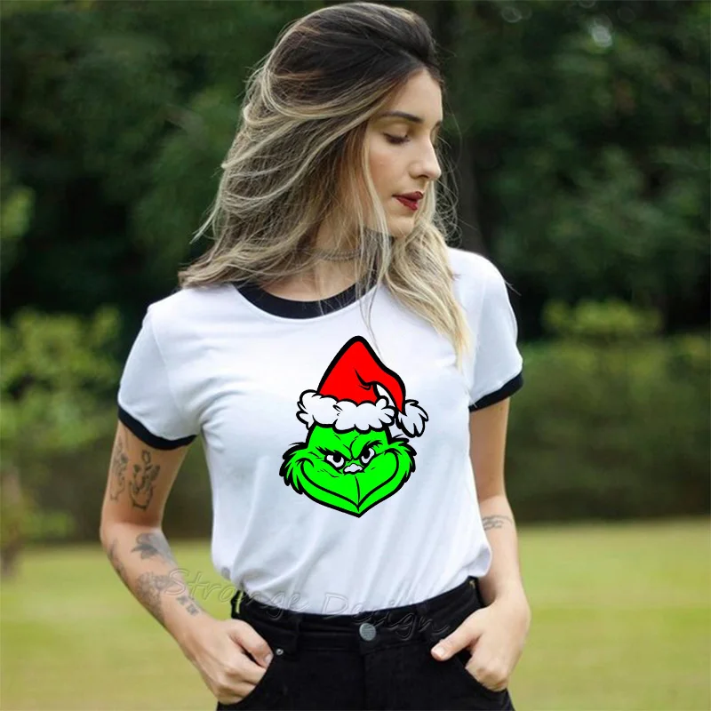 How The Grinch Stole, Рождественская футболка, женская футболка с лицом Grinch, женская футболка, Рождественская шляпа, футболка с принтом, белая футболка, Femme - Цвет: 11
