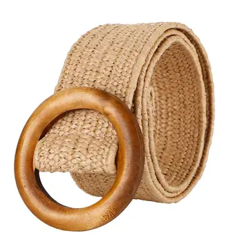 

PP Straw Woven Belt Women Retro Waistband Wooden Round Buckle Head Decor Belts