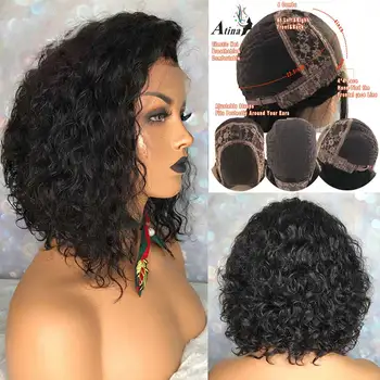 

Curly Human Hair Wig Short Pixie Cut Bob 4X4 Lace Closure Wig Pre Plucked With Baby Hair 150 Density Atina Brazilian Remy Front