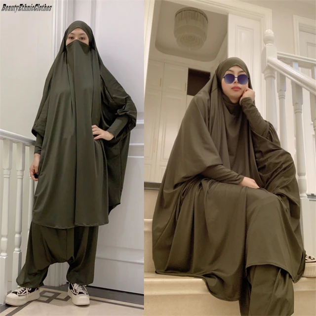 Mujer musulmana Traje de oración Ropa islámica Ramadán Eid Hijab Vestido  Dubai Turquía Abaya con pañuelo extra largo en la cabeza Khimar Jilbab