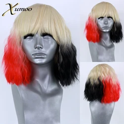 Short Wave Ombre Blonde Synthetic Lace Front Wig With Bangs Half Red Half Black Bob Wigs Cosplay Drag Queen Wigs For Black Women