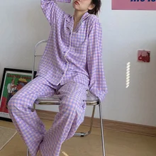 Korean Purple Grid Girls Pajamas Set Cute Winter Long Sleeve Leisure Sleepwear For Women Loose Nightwear Homewear Suit