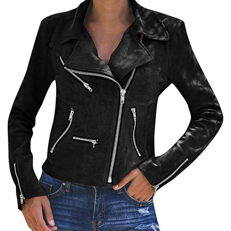 discounted  Womens Faux Suede Short Velvet Jacket Moto Biker Zip Up Slim Jackets Motorcycle Polyurethane Leathe