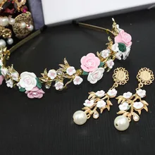 Старинные цветок из горного хрусталя ободок для волос золотой сплав листья комплект жемчужных серег Свадебная повязка металлический ободок для волос комплект ювелирных изделий для женщин