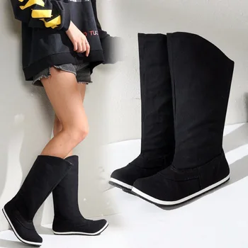 

SWQZVT 2020 New knee high boots women Spring and Autumn balck Round head flat long boots women casual Comfortable Martin boots
