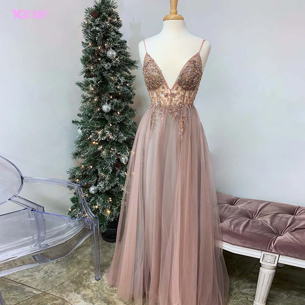 

New Arrival Sexy Straps Pink Tulle Long Prom Dresses Crystals Beaded Party Dress Formal Gowns Backless Count Train Real Photos