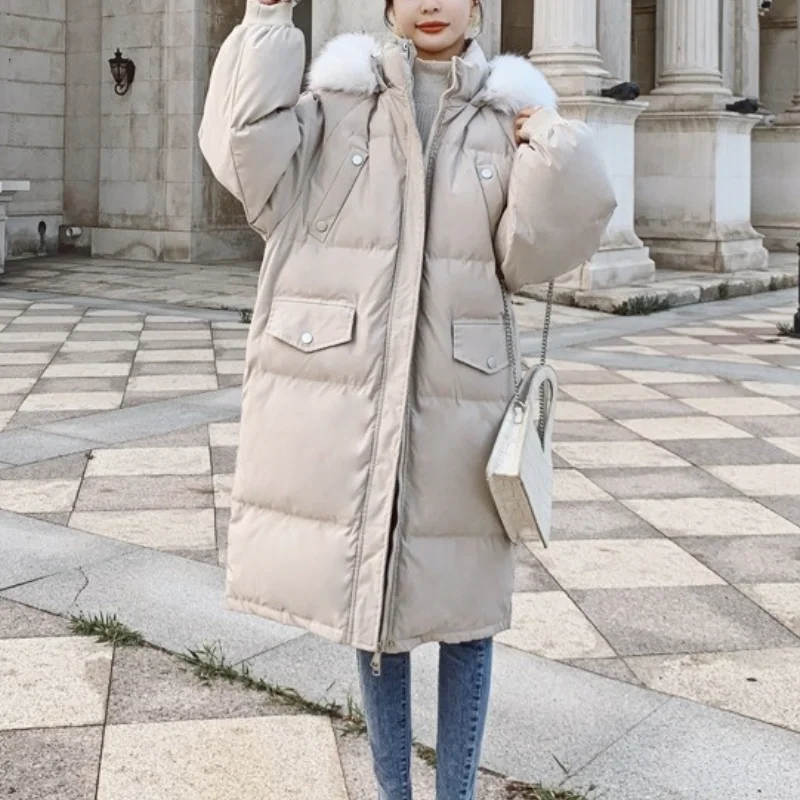 

Winter Down Puffer Jacket Women Korean Fashion Button Designer Warm Parkas Overcoat Female Casual Long Hooded Outwear Coats 2021