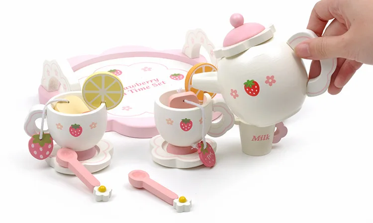 

White Barrel Cutting Wooden Strawberry Afternoon Tea Children Play House And Tea Set