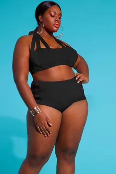

2019 Plus Size Bikini Women's Large Size Solid High Waist Bikini Split Swimsuit Sexy Fashion Beachwear BandageTwo Piece Swimsuit