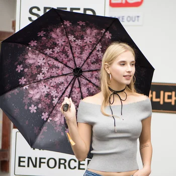 

New style printed cherry blossom pattern ultra-light portable Three-folding Five-folding umbrellas Ma'am girl mini umbrella