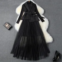 Женский осенне-зимний костюм с черной юбкой, новинка, водолазка с люрексом, футболки, топы+ твидовый жилет+ эластичная сетчатая юбка, комплект из 3 предметов