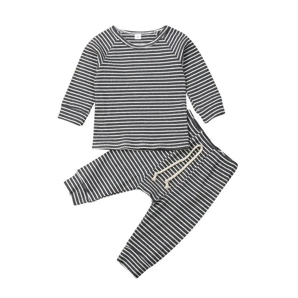 Повседневный комплект одежды для маленьких мальчиков и девочек, детский топ, футболка, одежда, штаны в полоску, повседневный комплект для новорожденных, осенняя одежда для новорожденных
