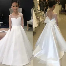 Скромные Сатиновые платья трапециевидной формы с цветочным узором для девочек, платья с длинными рукавами для Первого Святого Причастия с бантом на заказ