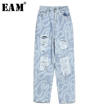 

[EAM] High Waist Blue Holes Printed Wide Leg Denim Trousers New Loose Fit Pants Women Fashion Tide Spring Summer 2020 1X73005S