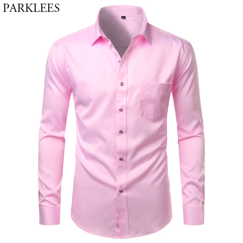 Camisas de vestir rosas para hombre, camisa de manga larga con botón de fibra de bambú, informal, no de hierro, de fácil cuidado, sin arrugas|Camisas informales| - AliExpress