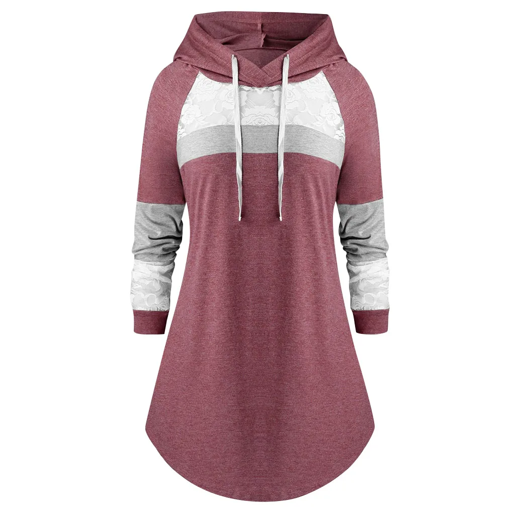 5XL размера плюс, женские рубашки, зима-весна, с капюшоном, на шнурке, туника, топы, свободные, кружева, пэтчворк, длинный рукав, толстовка, топы