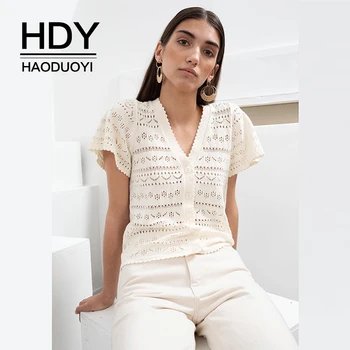 

HDY Haoduoyi Summer Thin sweater Suitable For Beach Style Simple Solid Color Hollow Knit V-neck Soft Cardigan Top Women