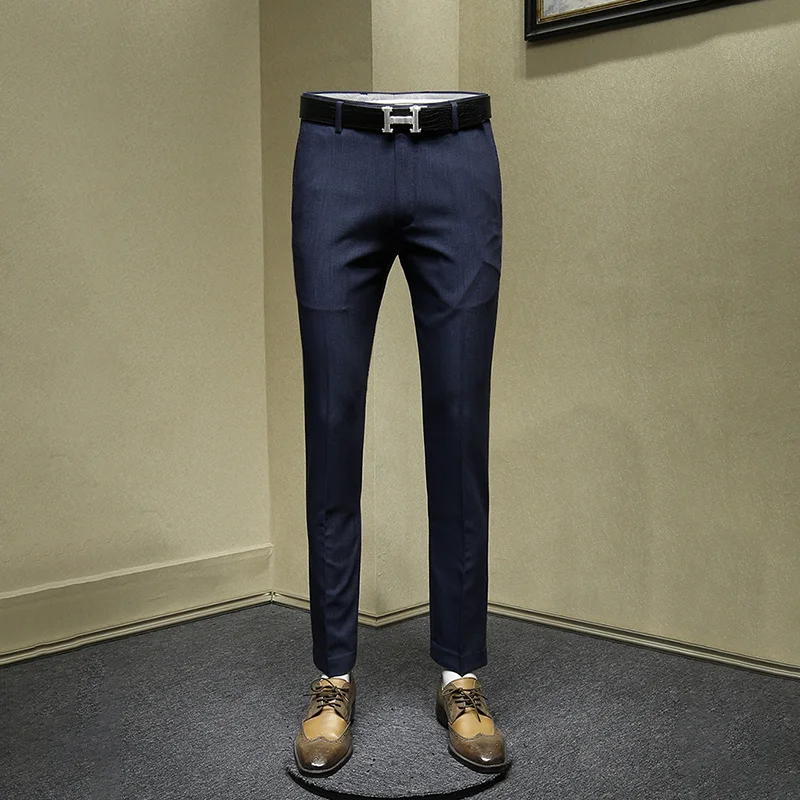 

men pants 2019 autumn streetwear deep blue mens trousers slim style office business causal suits pant thin young man wear