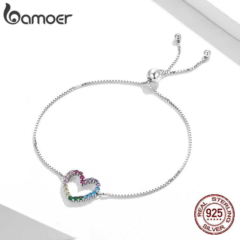 bamoer 925 Sterling Silver Rainbow Colorful Heart Pattern Love Zircon Adjustable Bracelet Chain for Women Fine Jewelry SCB216 - Image 4