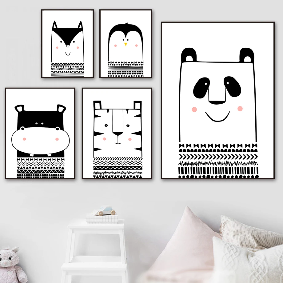 

Panda Tiger Hippo Penguin Cartoon Wall Art Print Canvas Painting Nordic Canvas Posters And Prints Wall Pictures Baby Kids Room