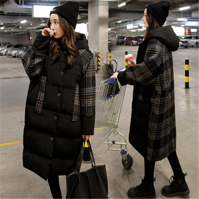

Cotton Clothing Female 2019 Winter Fashion New Over The Knee Stitching Lattice Hooded Bat Sleeve Warm Cotton Jacket Coat Tide