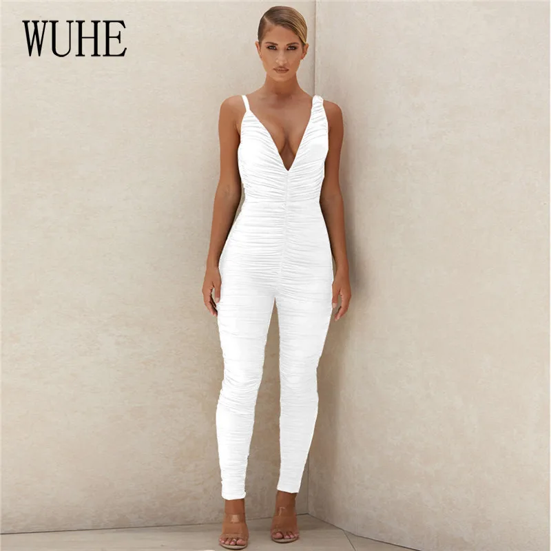 

WUHE Skinny White Ruched Jumpsuit Deep V Neck Sleeveless Backless Bodysuit Birthday Outfits for Women Sexy Club Party Overalls