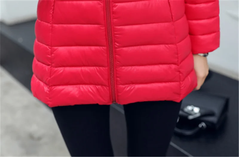 Женские зимние пальто размера плюс, длинное пальто, Ультралегкая куртка на гусином пуху, Корейская теплая тонкая куртка, тонкое однотонное пальто с стоячим воротником