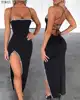 Solid Patchwork Diamante Trim Spaghetti Strap Bandage Slit Dress Party Dress Bodycon Dress ► Photo 1/6