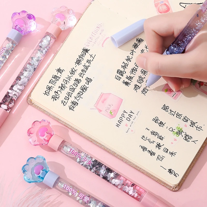 

Kawaii Cute cat claw glow gel pen creative girl heart into the oil sand light pen 0.5mm black pen Diy Stationery School Supply