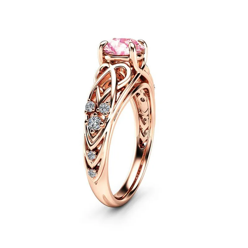 

2019 New Tonghua Line Pink Zircon Ladies Ring Golden Creative Engagement Ring European and American Fashion Jewelry