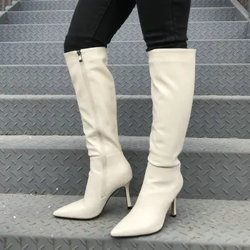 

Top Brand Beige Black Knee High Boots Vegan Leather Pointed Toe Zip Boots High Heel Winter Slouchy Botas Plus Size Dress Shoes