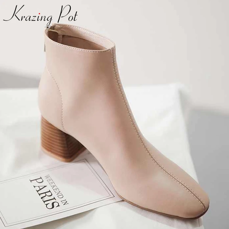 Krazing pot/ г.; модные короткие ботинки из овечьей кожи на молнии на высоком каблуке с квадратным носком; элегантные винтажные ботильоны принцессы для свиданий; l18