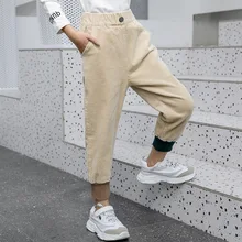 Г. Осенние новые стильные модные вельветовые брюки в Корейском стиле для девочек штаны в западном стиле с завязками на лодыжках для маленьких девочек вельветовые брюки