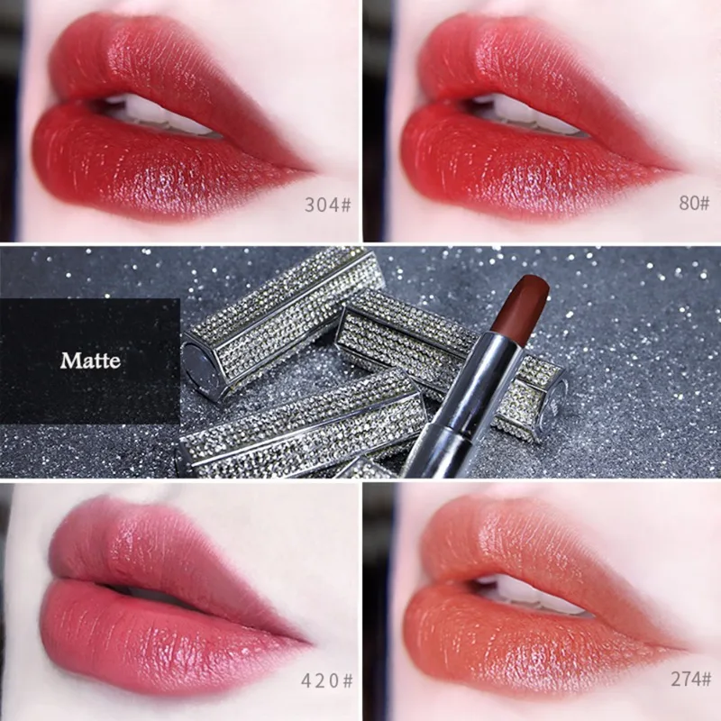 1pc Shiny Diamond Matte Lipstick Long-lasting Waterproof Non-stick Cup Velvet Lipstick