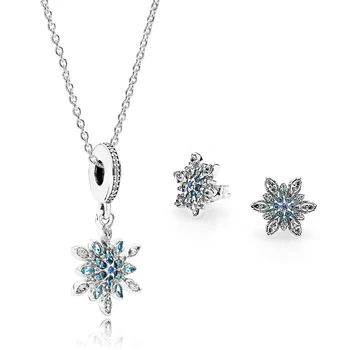 

NEW 100% 925 Sterling Silver 1:1 Genuine Glamorous Crystal Snow Ear Studs Pendant Necklace Jewelry Set Original Women Jewelry