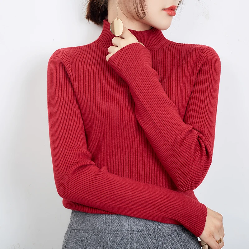 autumn and winter new knit bottoming sweater slim temperament sweater female half high collar sexy fashion pullover - Color: Red