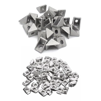 

75Pcs Silver Accessories: 50Pcs M4-20 T-Nut Female Thread T Slot Hammer Head Drop in Nut & 25Pcs 2020 Corner Bracket for 20mm